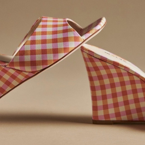 NIB Anthropologie Maeve Pink Gingham Square Toe Mule Sandals Size 8 - Picture 3 of 9